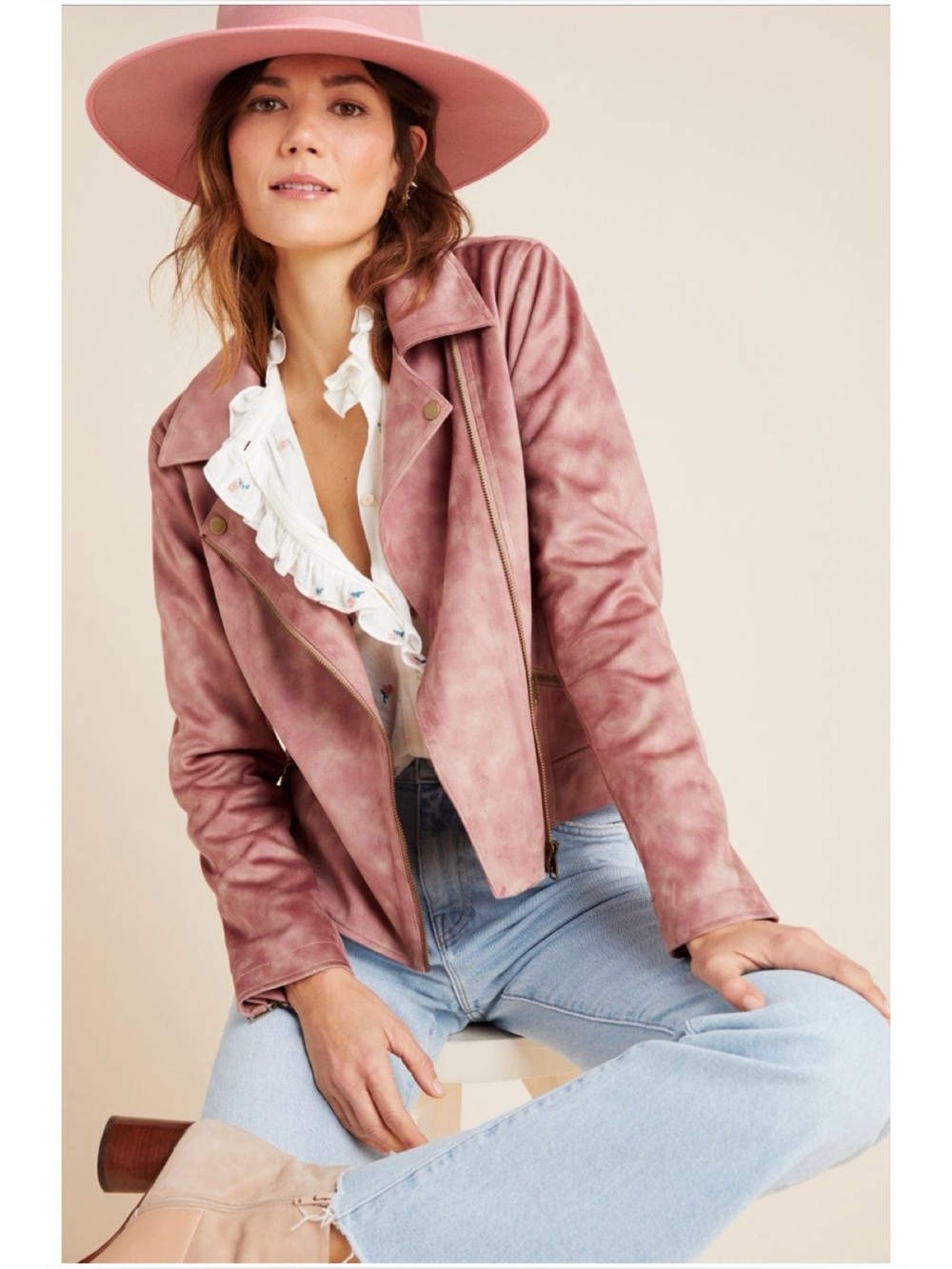 NWOT Anthropologie Lucie Sueded Moto Jacket In Rose  Size Small